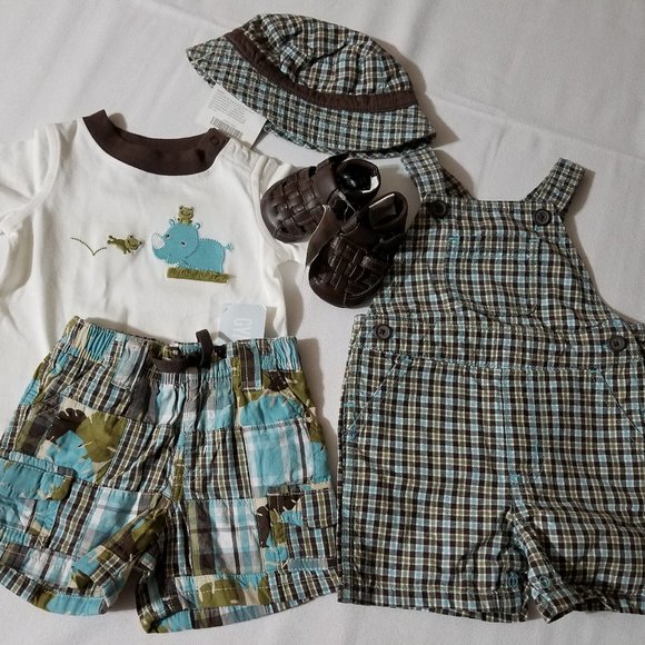 Gymboree Rhino Cutie 0-3 Month overalls, SHORTS, SHIRT, Hat & shoes Outfit NWT